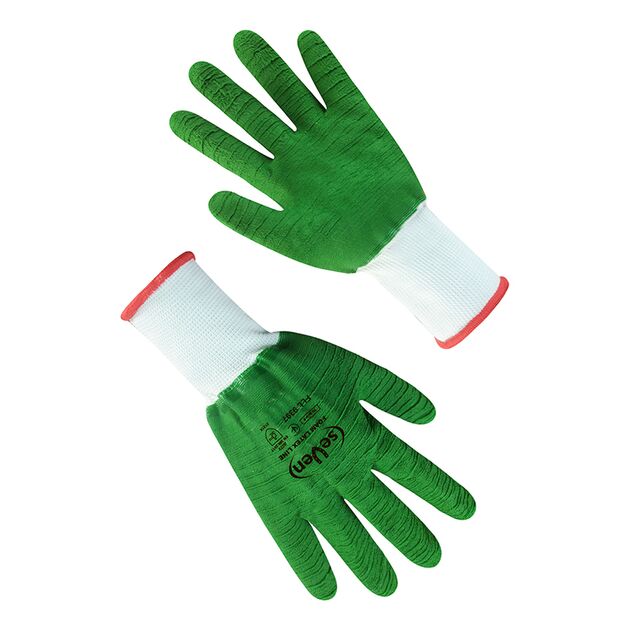 Рукавички синтетичні білі з зеленим спіненим повним латексним покриттям 69397 "б", 9 р.  Нейлон (69397), фото  | SNABZHENIE.com.ua
