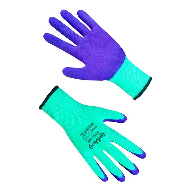 Рукавички жіночі синтетичні салатові з фіолетовим спіненим неповним латексним покриттям, розмір 8  08 (69619), фото  | SNABZHENIE.com.ua