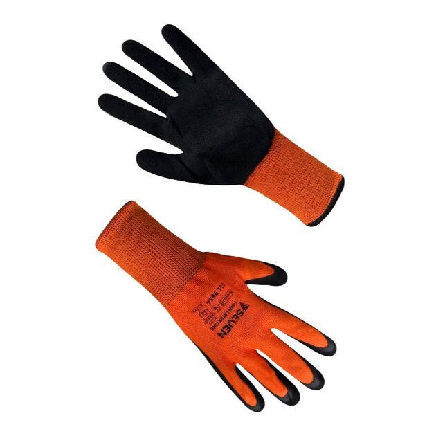 Рукавички помаранчеві синтетичні з чорним неповним спіненим латексним покриттям FLL 9634 "б" р.10  помаранчевий (69634), фото  | SNABZHENIE.com.ua