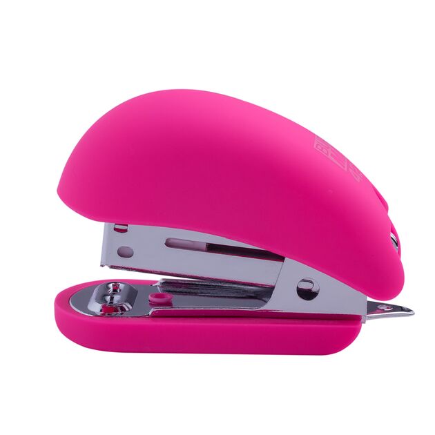 Степлер пластиковий МІНІ, RUBBER TOUCH, 12 арк., (скоби №24; 26), 66x30x46 мм, рожевий  Пластик (Im-off), фото  | SNABZHENIE.com.ua