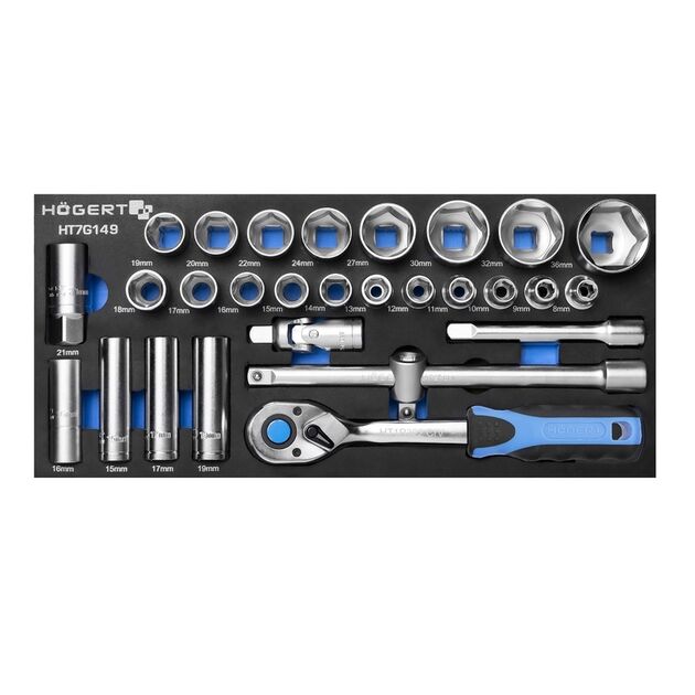 Набір голівок 1/2" з тріскачкою та аксесуарами в ложементі EVA  27 (HT7G149), фото  | SNABZHENIE.com.ua