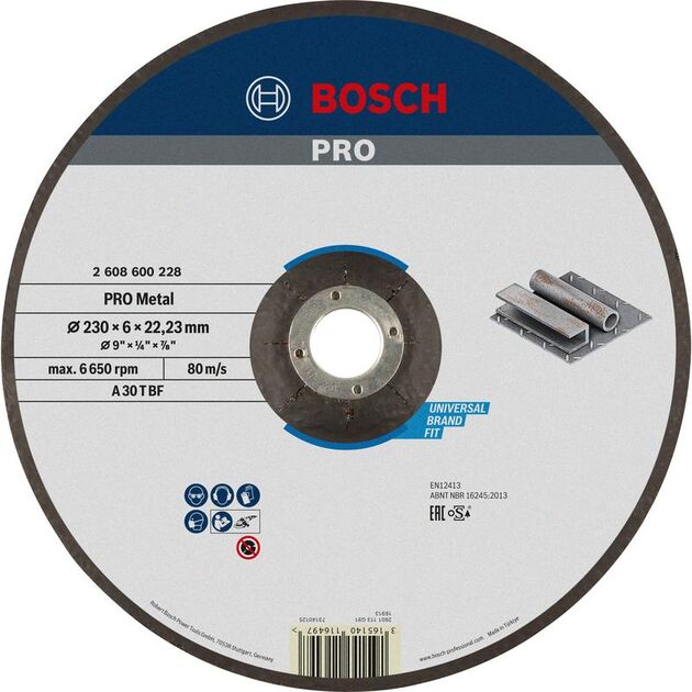 BOSCH Армированный шлифовальный диск PRO Metal для больших угловых шлифмашин, диаметр отверстия 22,23 мм,, фото , изображение 2 | SNABZHENIE.com.ua