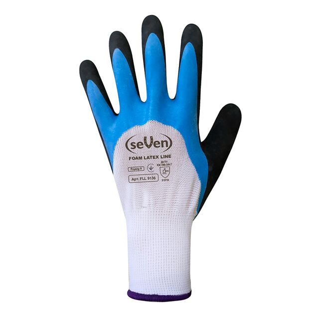 Перчатки синтетические белые с сине-черным вспененным латексным покрытием 3/4 69136 "б", фото , изображение 3 | SNABZHENIE.com.ua