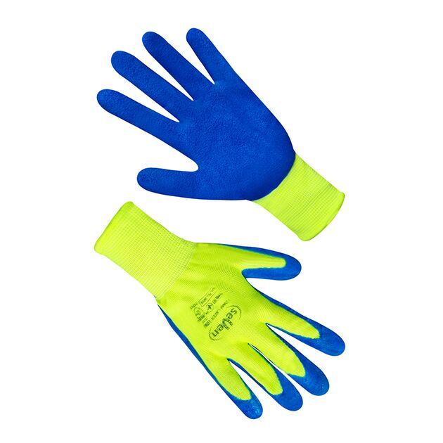 Перчатки синтетические салатовые с синим неполным вспененным латексным покрытием FLL 9416 "б", фото  | SNABZHENIE.com.ua
