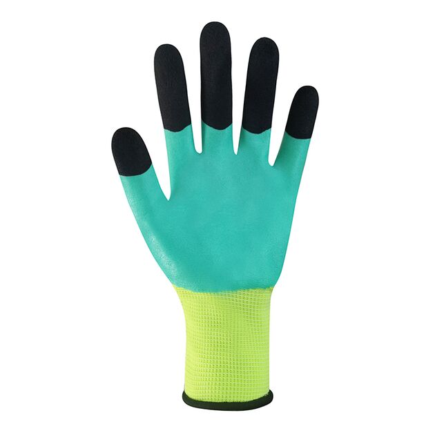Перчатки синтетические салатовые с двойным вспененным латексным зелено-черным 3/4 покрытием "б", фото , изображение 2 | SNABZHENIE.com.ua