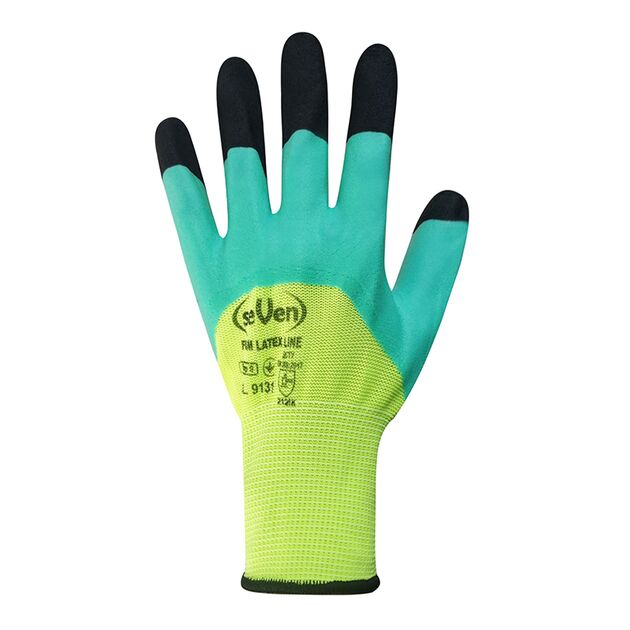 Перчатки синтетические салатовые с двойным вспененным латексным зелено-черным 3/4 покрытием "б", фото , изображение 3 | SNABZHENIE.com.ua
