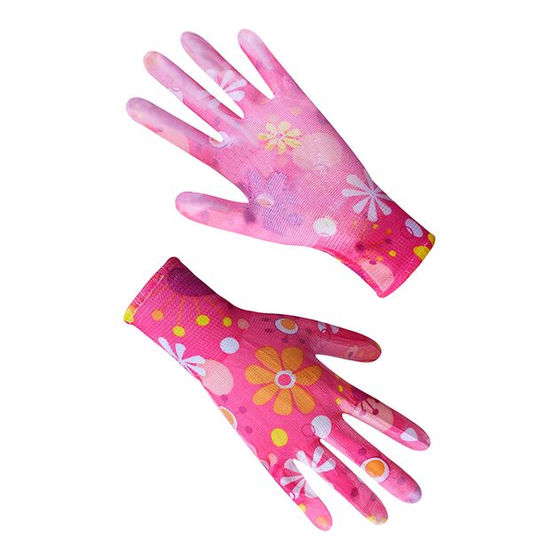 Рукавички жіночі синтетичні червоні/рожеві з поліуретановим покриттям кольоровий принт 69665 "б" р., фото  | SNABZHENIE.com.ua