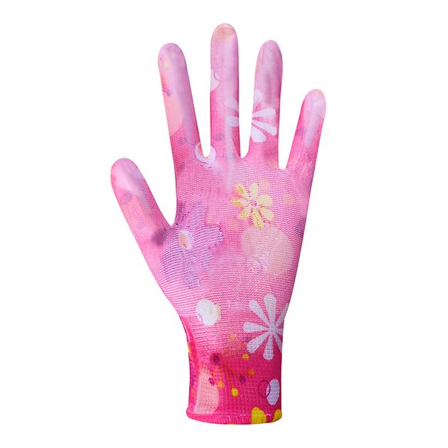Рукавички жіночі синтетичні червоні/рожеві з поліуретановим покриттям кольоровий принт 69665 "б" р., фото , изображение 2 | SNABZHENIE.com.ua