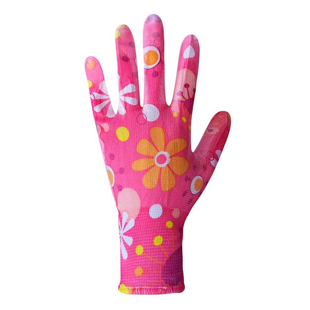 Рукавички жіночі синтетичні червоні/рожеві з поліуретановим покриттям кольоровий принт 69665 "б" р., фото , изображение 3 | SNABZHENIE.com.ua