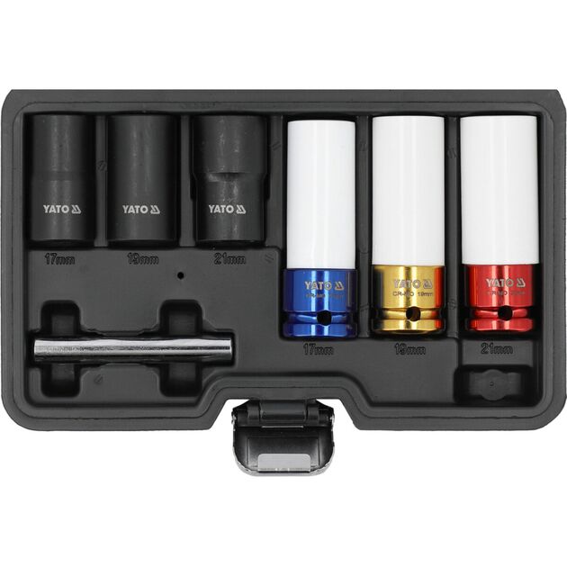 Головки торцеві ударні з екстрактором YATO квадрат- 1/2", М17,19,21мм Cr-Mo,  для алюм. дисків 7 Од., фото  | SNABZHENIE.com.ua