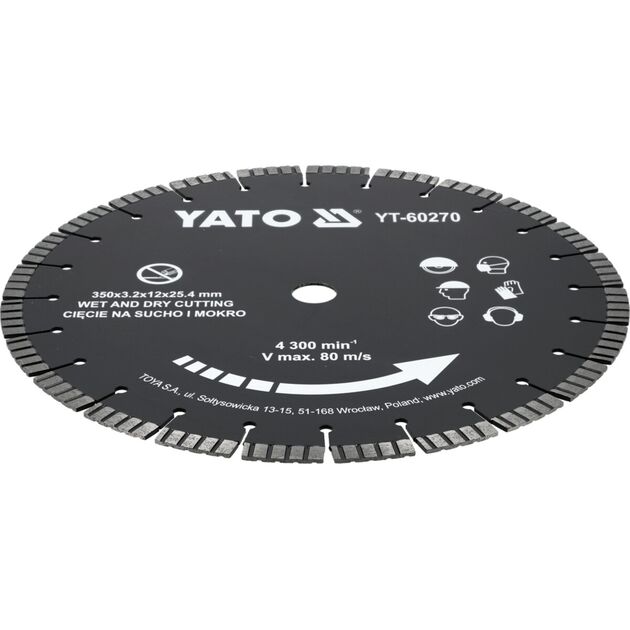 Диск відрізний сегментний алмазний по бетону YATO Ø= 350/25,4x3.2 мм, в мокрому і сухому режимі [10], фото  | SNABZHENIE.com.ua
