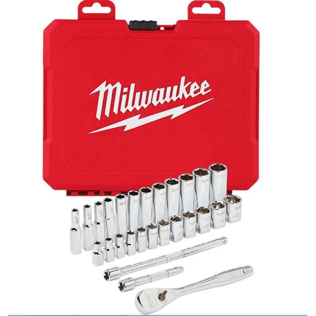 Набір головок торцевих хромованих 1/4'' MILWAUKEE, з тріскачкою та 2 подовжувачами, (28шт), пластико, фото  | SNABZHENIE.com.ua