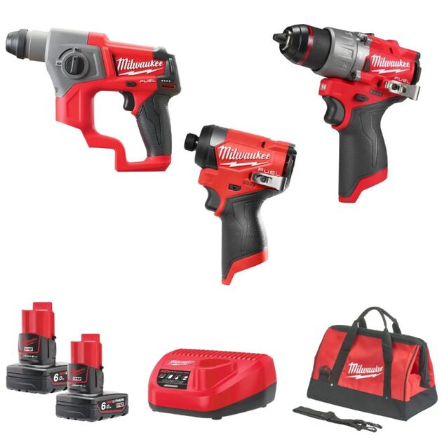 Набор инструментов аккумуляторных MILWAUKEE, M12FPP3D-601B (ЗУ, 2х6ач, M12 FPD2, FID2, CH, сумка), фото  | SNABZHENIE.com.ua