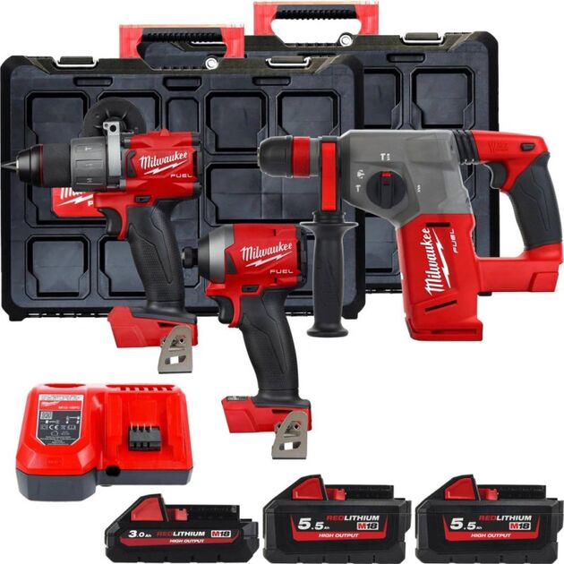 Набор инструментов акумуляторных MILWAUKEE, M18FPP3P2-533P(ЗУ,2х5,5Ач,1х3Ач,M18 FPD2,FID2,CHX.кейси), фото  | SNABZHENIE.com.ua