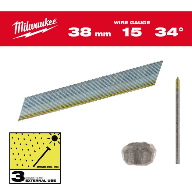 Набор гвоздей нержавейка с D- образной шляпкой для нейлера MILWAUKEE, 15G/34°/38мм, (2500шт), фото  | SNABZHENIE.com.ua