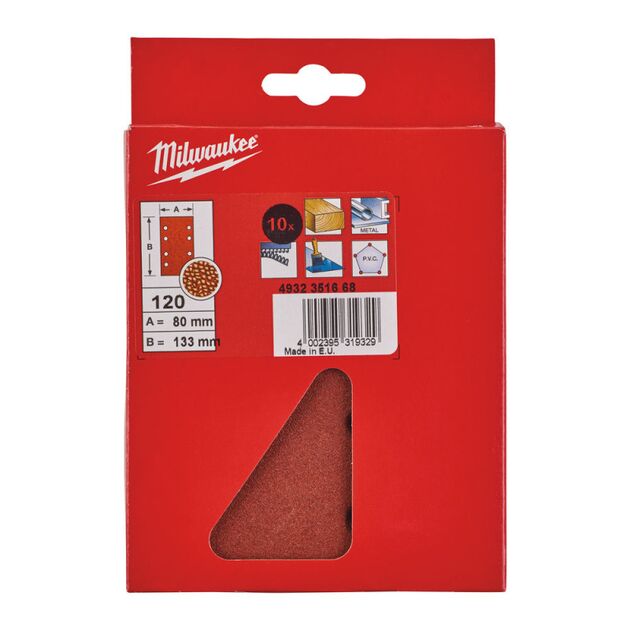 Лист шлифовальный MILWAUKEE, 80x133мм, зерно 120, (10шт), (замена на 4932492765), фото , изображение 2 | SNABZHENIE.com.ua