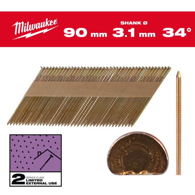 Гвозди оцинкованные с кольцевой накаткой и D-образной головкой MILWAUKEE 3,1/34°/90мм (2200 шт), фото  | SNABZHENIE.com.ua