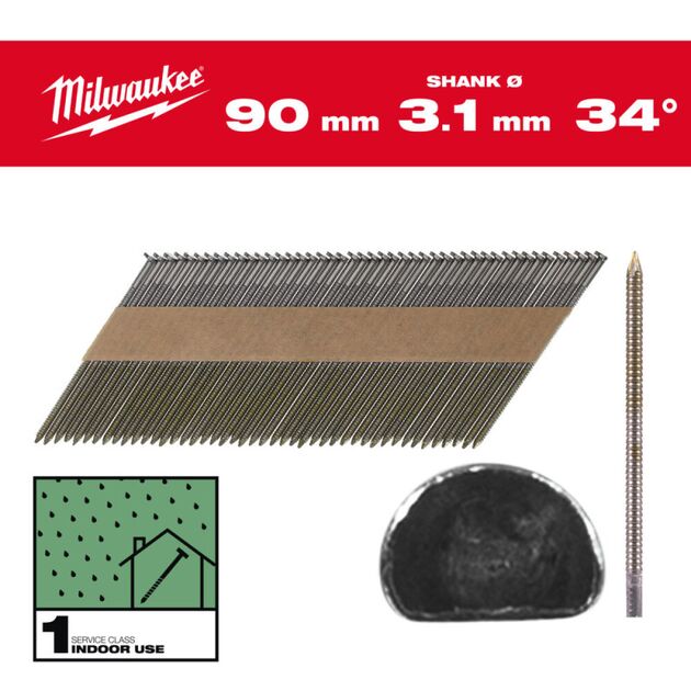 Гвозди с кольцевой накаткой и D-образной головкой MILWAUKEE 3,1/34°/90мм (2200 шт), фото  | SNABZHENIE.com.ua