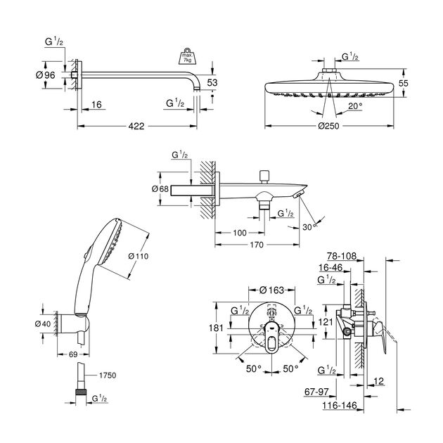Душевая система скрытого монтажа Grohe Vitalio Start 250 с изливом для ванны и смесителем Bauloop UA290810R3, фото , зображення 2 | SNABZHENIE.com.ua