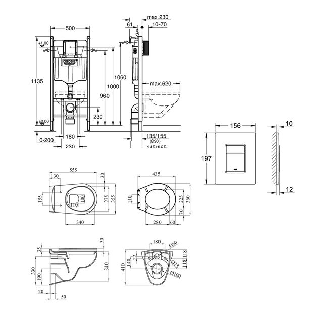 Комплект 4 в 1: Установка Grohe Solido 2 в 1 38971000 + Панель смыва для унитаза Grohe Even Black 38966KV0 + Унитаз безободочный Kroner Oker WHI533536 RIMLESS с сиденьем Slim Duroplast / Soft-close6 (38971966KV0KO53R), фото , зображення 2 | SNABZHENIE.com.ua