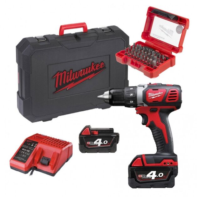 Дрель-шуруповерт аккумуляторная MILWAUKEE M18 BDD-402CA (ЗУ, 2х4Ач, кейс, набор бит 32шт), фото , изображение 2 | SNABZHENIE.com.ua
