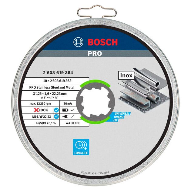 Диск відрізний Bosch Professional X-LOCK Inox по нержавіючій сталі 125x1.6x22.23мм, 10шт, фото , зображення 3 | SNABZHENIE.com.ua