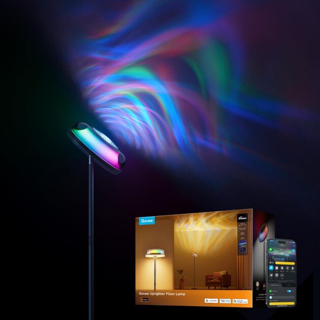 Торшер розумний Govee H60B0 Uplighter Floor Lamp, 1000Lm, RGBWW+RGBIC+WW, WI-FI/Bluetooth, чорний, фото , изображение 7 | SNABZHENIE.com.ua