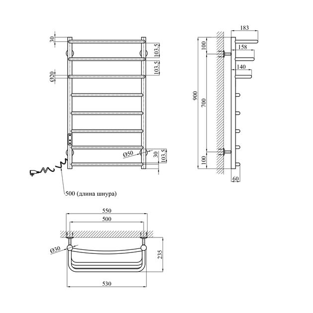 Полотенцесушитель электрический Kroner KRP Prima EL900x500-8, фото  | SNABZHENIE.com.ua