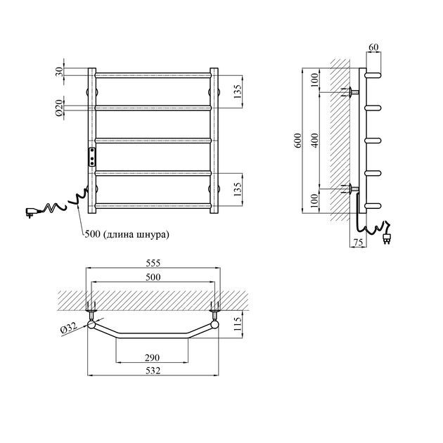 Полотенцесушитель электрический Kroner KRP Diva EL600x500-5, фото  | SNABZHENIE.com.ua