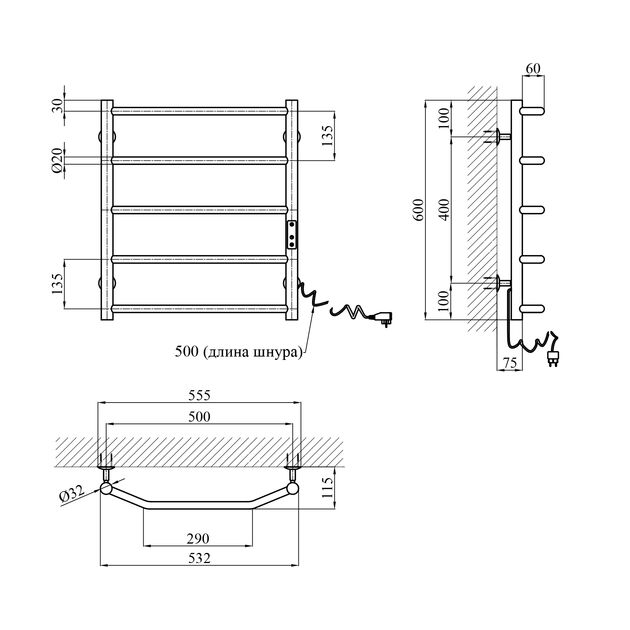 Полотенцесушитель электрический Kroner KRP Diva ER600x500-5, фото  | SNABZHENIE.com.ua