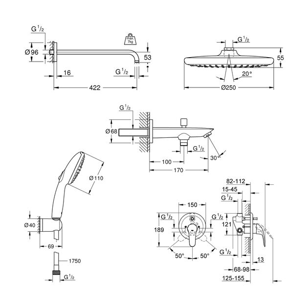 Душевая система Grohe Vitalio Start 250 с изливом для ванны и смесителем Euroeco UA32747R3, фото , зображення 2 | SNABZHENIE.com.ua