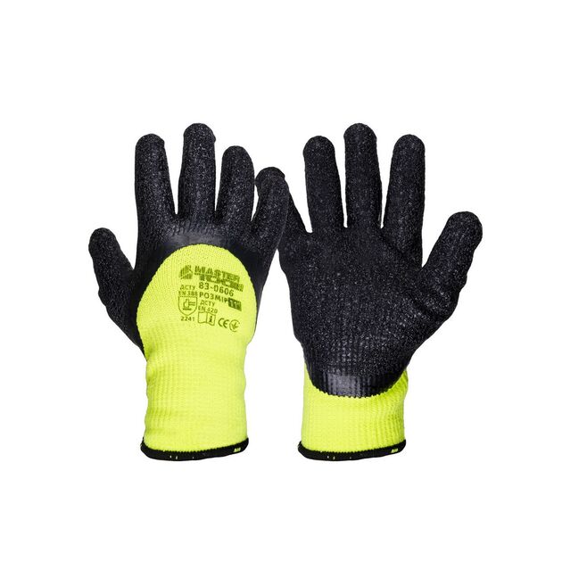 Перчатки акриловые MASTERTOOL утепленные с морщинистым латексным покрытием ¾ 11" 12 пар неоново-черные 83-0606doz, фото  | SNABZHENIE.com.ua