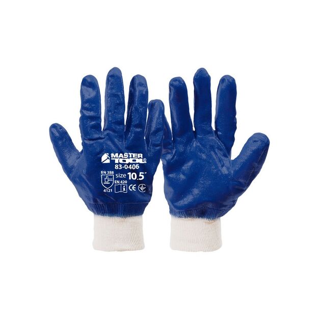 Перчатки масло-бензостойкие MASTERTOOL полное нитриловое покрытие вязаный манжет 10.5" 12 пар синие 83-0406doz, фото  | SNABZHENIE.com.ua