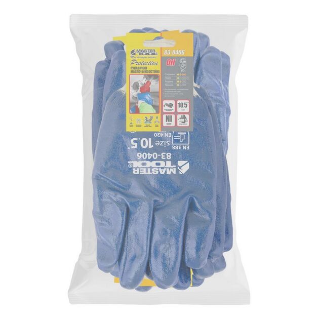 Перчатки масло-бензостойкие MASTERTOOL полное нитриловое покрытие вязаный манжет 10.5" 12 пар синие 83-0406doz, фото , зображення 2 | SNABZHENIE.com.ua