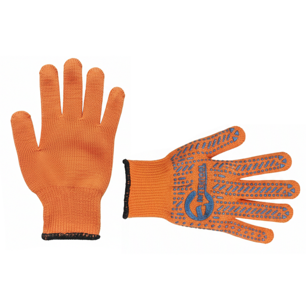 Рукавичка трикотажна, жовті ПВХ крапки, 60% бавовна / 40% поліестер, 10", клас в'язки 7, помаранчева, 62 г, фото  | SNABZHENIE.com.ua