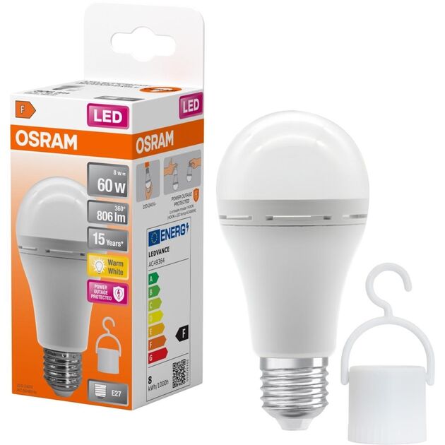 Лампа OSRAM LED E27 8Вт 806Лм 2700К A60 акумуляторна, фото  | SNABZHENIE.com.ua