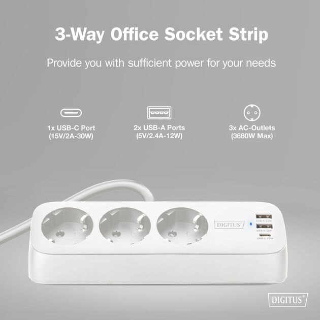 Блок розеток DIGITUS Office, 3xSchuko, 2xUSB-A, 1xUSB-C, 16A, 1.5м, вилка Schuko, білий, фото , изображение 6 | SNABZHENIE.com.ua