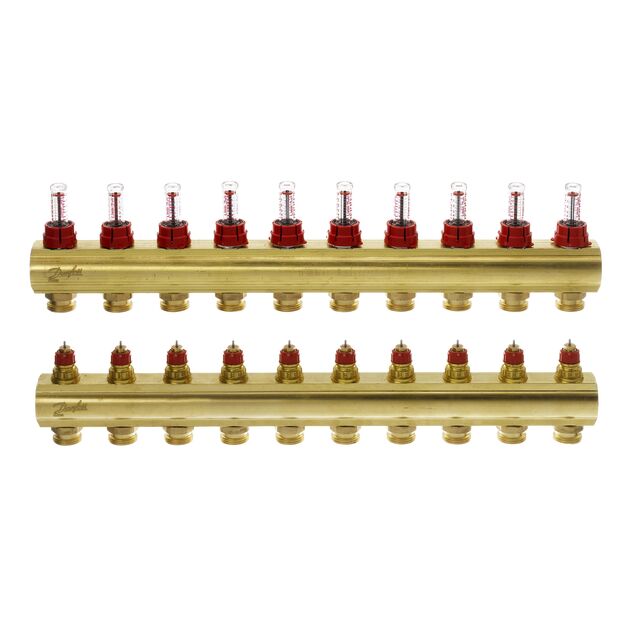 Розподільний колектор Danfoss FHF-F, 10+10 контурів, з ротаметрами, латунь, фото  | SNABZHENIE.com.ua