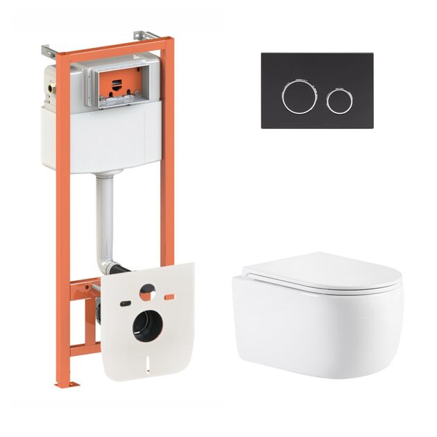 Готовое решение Qtap для ванной комнаты: подвесной унитаз Taurus Ultra Quiet 515×360×350 + комплект инсталляции Nest 4в1 (круглая клавиша Matt Black), фото  | SNABZHENIE.com.ua