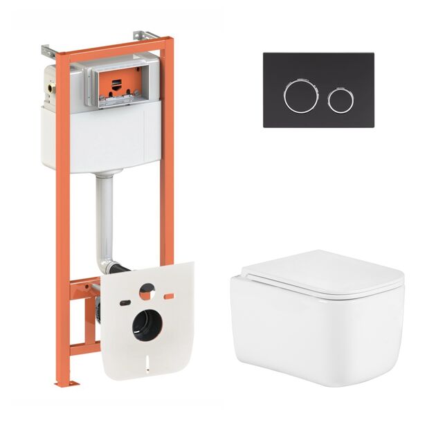 Готовое решение Qtap для ванной комнаты: подвесной унитаз Gemini Ultra Quiet 485×340×350 + комплект инсталляции Nest 4в1 (круглая клавиша Matt Black), фото  | SNABZHENIE.com.ua