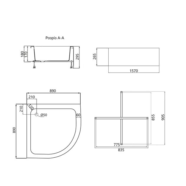 Душовий піддон KAPIELKA ST90x90x26, середній, півкруглий, з панеллю, діаметр зливу 52 мм, фото , зображення 2 | SNABZHENIE.com.ua