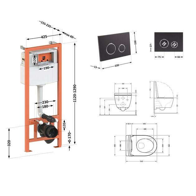 Комплект: Qtap Scorpio Ultra Quiet унітаз підвісний QT1433053EUQW + Nest комплект інсталяції 4в1 (кругла клавіша Black mat) QT0133M425 + M11V1146MB, фото , зображення 2 | SNABZHENIE.com.ua