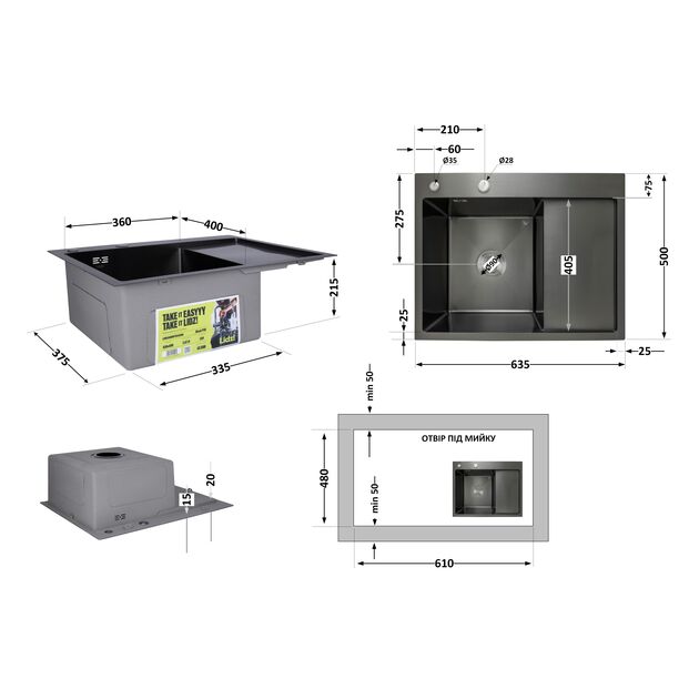 Мойка кухонная с правым крылом Lidz Handmade H6350BR, черная PVD, фото , изображение 2 | SNABZHENIE.com.ua