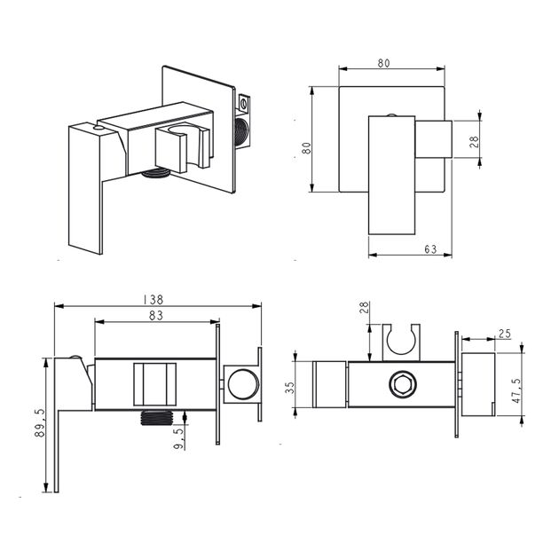 Набор для гигиенического душа Lidz Kubis 111 Black, прямоугольный, фото , изображение 2 | SNABZHENIE.com.ua