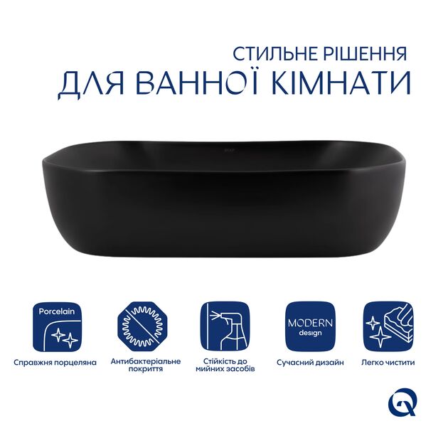Комплект Qtap Robin: Раковина накладна прямокутна 610x400x145 мм Матовий чорний + Донний клапан PU03, фото , зображення 3 | SNABZHENIE.com.ua