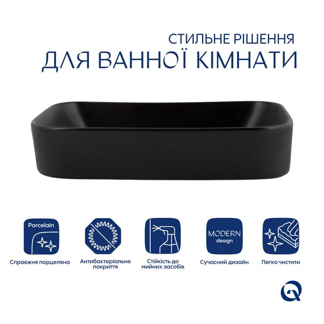 Комплект Qtap Scorpio: Раковина накладная прямоугольная 550х390х120 мм Matt Black + Донный клапан PU03, фото , зображення 3 | SNABZHENIE.com.ua