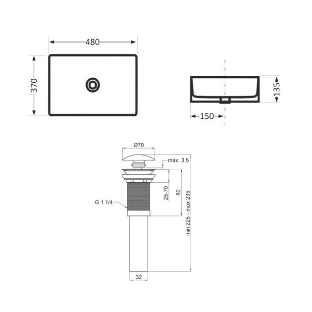 Комплект Qtap Tern: Раковина накладная прямоугольная 475х370х140 мм White + Донный клапан PU02, фото , зображення 2 | SNABZHENIE.com.ua