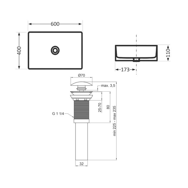 Комплект Qtap Tern: Раковина накладная прямоугольная 600x405x110 мм WHITE + Донный клапан PU02, фото , зображення 2 | SNABZHENIE.com.ua