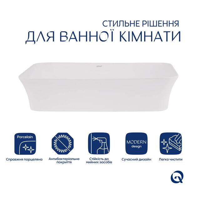 Комплект Qtap Virgo: Раковина накладная прямоугольная 490х350х110 мм White + Донный клапан PU02, фото , зображення 3 | SNABZHENIE.com.ua