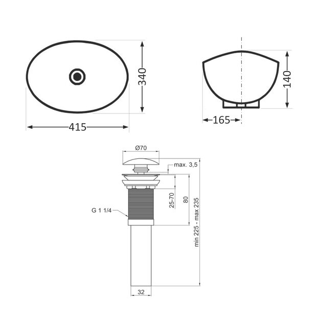 Комплект Qtap Dove: Овальная накладная раковина 410x335 мм White + клапан PU02, фото , изображение 2 | SNABZHENIE.com.ua